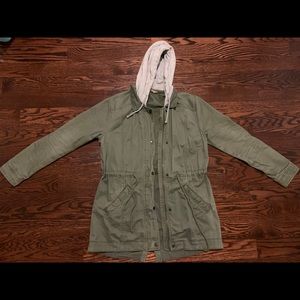 Hollister army green jacket with gray hood.